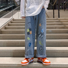 Men Jeans Spring and Autumn Loose-Fitting Wide-Leg Trousers Hip Hop Graffiti Pants