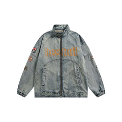 Unisex Jacket Retro Washed Embroidered Denim Coat Men's and Women's Stand Collar Motorcycle Jacket