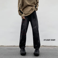 Men Jeans Washed Jeans Men's Winter Retro Straight-Leg Pants