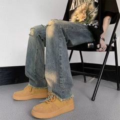 Men Jeans Washed Make Old Ripped Jeans Men's Summer Straight-Leg Trousers