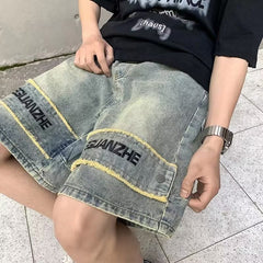 Men Jeans Denim Shorts Men's Washed-out Vintage Straight Wide Leg Pants