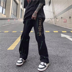 Men Jeans Retro Alphabet Rhinestone Printed Straight Jeans