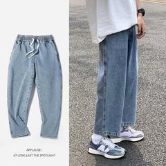 Men Jeans Vintage Light Color Elastic Waist Jeans Straight Wide Pants