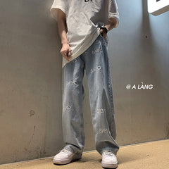 Men Jeans Straight Jeans Men's Spring and Summer Letters Embroidered Wide-Leg Pants