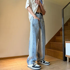 Men Jeans Vintage Multi-Pocket Jeans Oldschool Pants Loose Wide Leg Pants