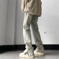 Men Jeans Side Zipper Skinny Jeans Men's Summer Retro Washed Straight-Leg Trousers