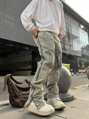 Men Jeans Worn Looking Washed-out Side Zipper Slightly Flared Jeans