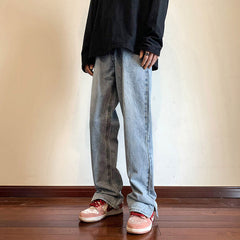 Men Jeans Retro Slit Casual Trousers Baggy Straight Trousers