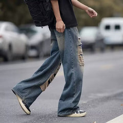 Men Jeans Retro Tattered Jeans Jeans Men's Summer Washed Distressed Loose Wide-Leg Straight Pants