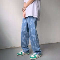 Men Jeans Summer Loose Printed Trousers Casual Wide Leg Pants