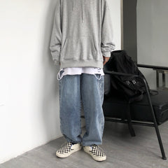 Men Jeans Washed Denim Trousers Elastic Waist Baggy Straight Trousers