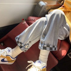 Men Jeans Summer Jeans Loose Wide Leg Pants Straight Plaid Pants