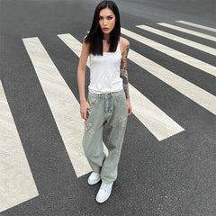 Men Jeans Retro Washed Cross Embroidered Jeans