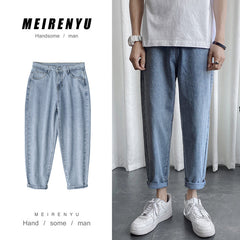 Men Jeans Summer Straight Loose Cropped Pants