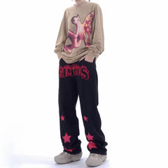 Men Jeans XINGX Paste Cloth Embroidery Jeans Retro Hip Hop Straight Loose Trousers