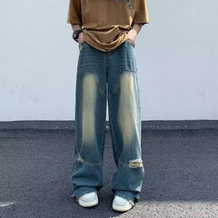 Men Jeans Washed Make Old Ripped Jeans Summer Baggy Straight Trousers