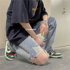 Men Jeans Ripped Jeans Washed Loose Wide Leg