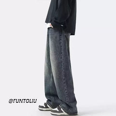 Men Jeans Summer Retro Casual Pants Washed Loose Straight-Leg Wide-Leg Pants