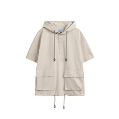 Unisex Jacket Summer Workwear with Pocket Jacket Loose Short Sleeve Hooded Jacket
