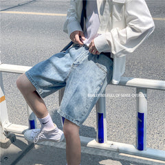 Men Jeans Denim Shorts Loose Retro Straight-Leg Pants Summer