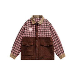 Unisex Jacket Plaid Splicing Coat Men and Women Baggy Casual Jacket
