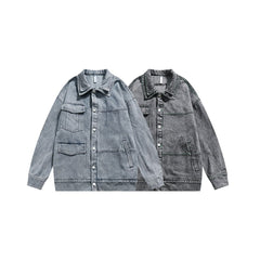 Unisex Jacket Retro Washed Denim Jacket Lapel Loose Pockets Overalls
