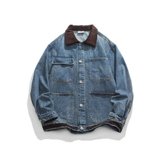 Unisex Jacket Vintage Amekaji Washed Denim Jacket Casual Loose Overalls