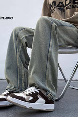 Men Jeans Washed Second-Hand Black Color Stitching Jeans Slim Straight Bootcut Trousers