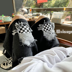 Men Jeans Ripped Checkerboard Plaid Denim Shorts