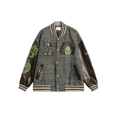 Unisex Jacket Pu Sleeve Baseball Collar Jacket for Men and Women
