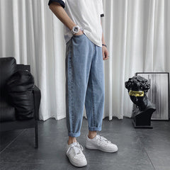 Men Jeans Summer Straight Loose Cropped Pants