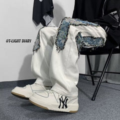 Men Jeans Patchwork Stitching Jeans Loose Straight Trousers