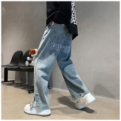 Men Jeans Ripped Jeans Men's Summer Letter Embroidery Slit Loose Straight Casual Trousers
