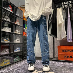 Men Jeans Retro Patchwork Jacquard Jeans Casual Pants