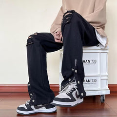 Men Jeans Black Ripped Jeans Spring and Autumn Zipper Straight-Leg Pants
