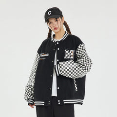 Unisex Jacket Checkerboard PU Leather Baseball Uniform Embroidered Baseball Jacket Jacket