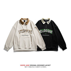 Men Pullover Hoodie Spring Long Sleeve Polo Shirt Men's American Retro Loose Trendy Sweater