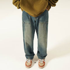 Men Jeans Washed Worn Jeans Men's Straight-Leg Trousers Wide Leg Pants