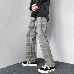 Men Jeans Autumn Plaid Worn Jeans Wide Leg Pants Loose Straight Trousers