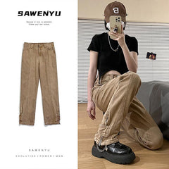 Men Jeans Washed Jeans Men's Autumn Straight Breasted Casual Trousers