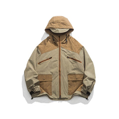 Unisex Jacket Retro Style Colorblock Hood Jacket Coat Loose Shell Jacket