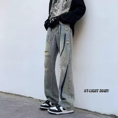Men Jeans Ripped Jeans Summer Washed Distressed Wide-Leg Straight Pants