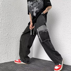 Men Jeans Patch Ripped Jeans Summer Retro Straight Loose Pants