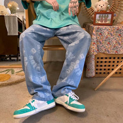Men Jeans Summer Loose Printed Trousers Casual Wide Leg Pants