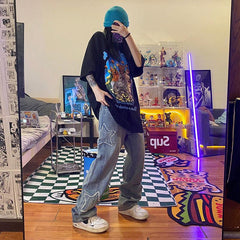 Men Jeans Hip Hop Five-Pointed Star Patch Embroidered Jeans