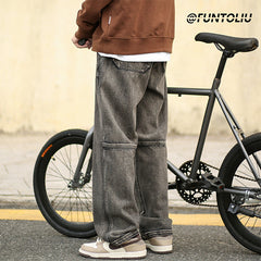 Men Jeans Cargo Jeans Male Autumn and Winter Loose Straight-Leg Trousers