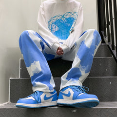 Men Jeans Tie-Dyed Jeans Summer Loose Thin Straight Wide Leg Pants