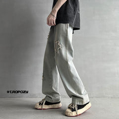 Men Jeans Summer Retro Tattered Jeans Straight Loose Casual Pants