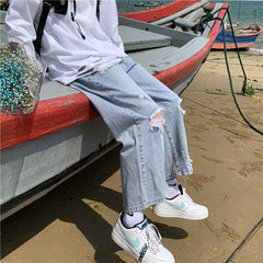 Men Jeans Ripped Jeans Men's Summer Vintage Straight Loose Wide Leg Pants