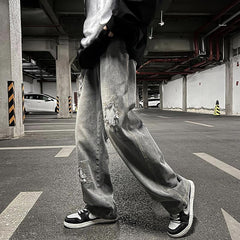 Men Jeans Summer Broken Loose Straight-Leg Wide-Leg Pants